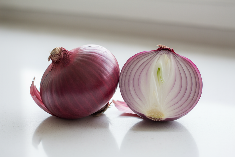 couple medium sized red onions with one cut in half
