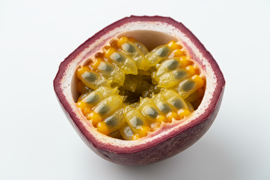 purple skinned passion fruit cut in half with the inside showing